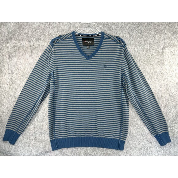 Vintage Guess USA Striped Knit Sweater V-Neck Y2K Streetwear Blue Size 2XL - Picture 1 of 12